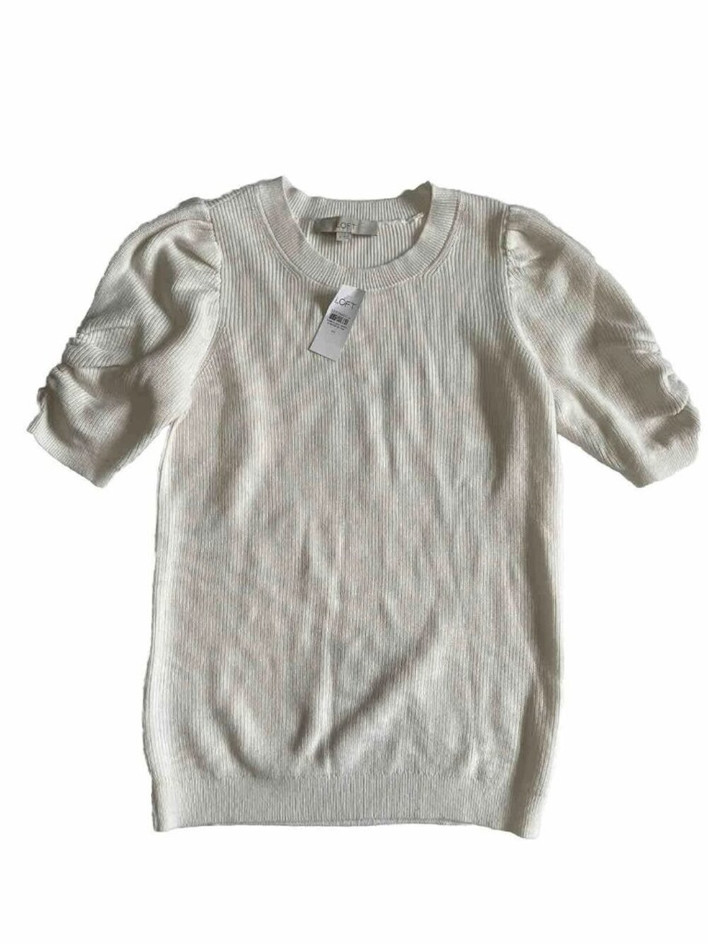 NWT Loft Medium Puff Sleeves Fine Knit Sweater Top Cream White Lightweight